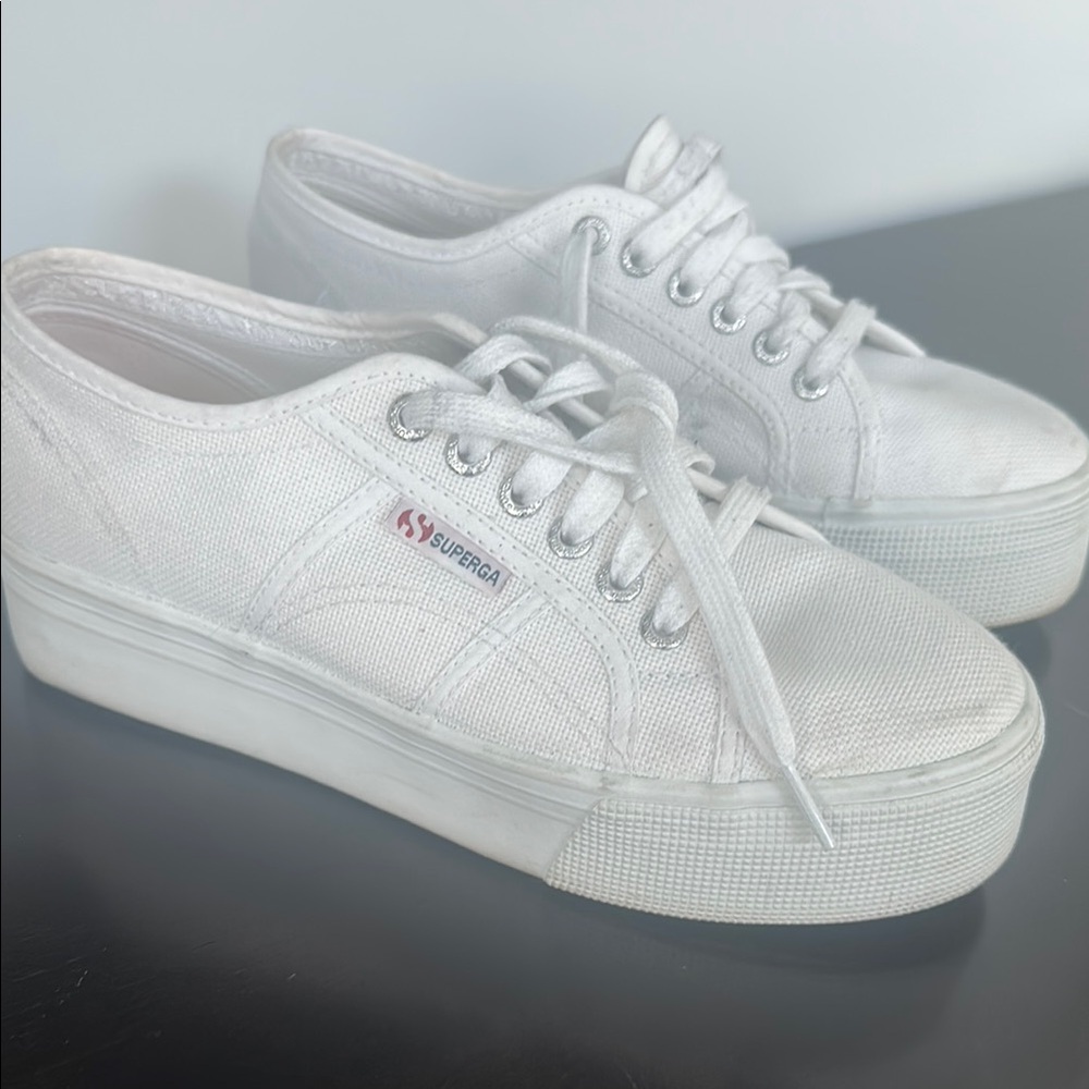 Superga White Platform Sneakers Canvas Low-Top size 39 1/2
